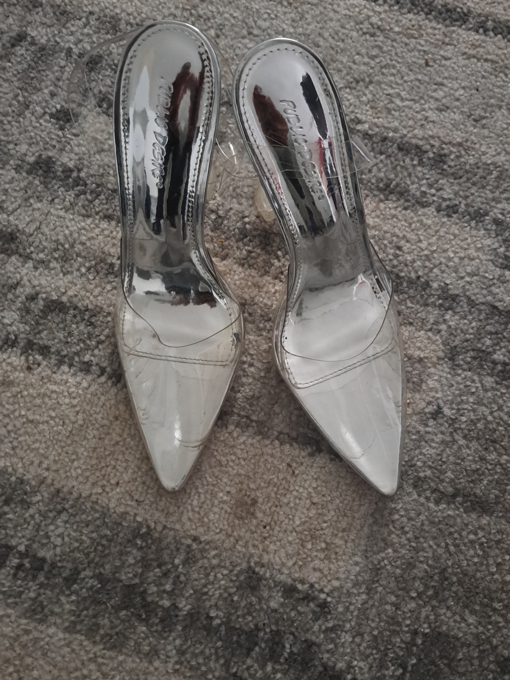Public Desire Clear Pointed Mule Heels with Silver Insole